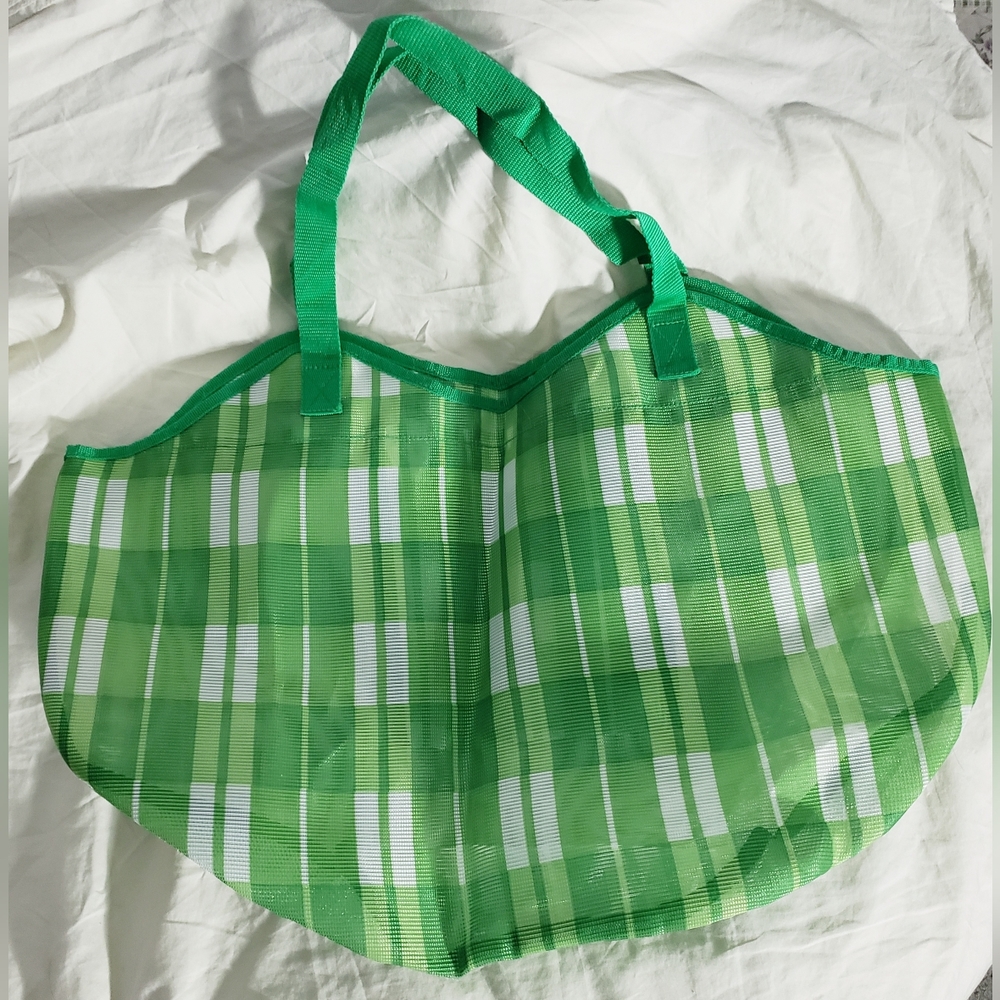 Unbranded Large Mesh Green/White Plaid Weekender Beach Travel Tote Bag
